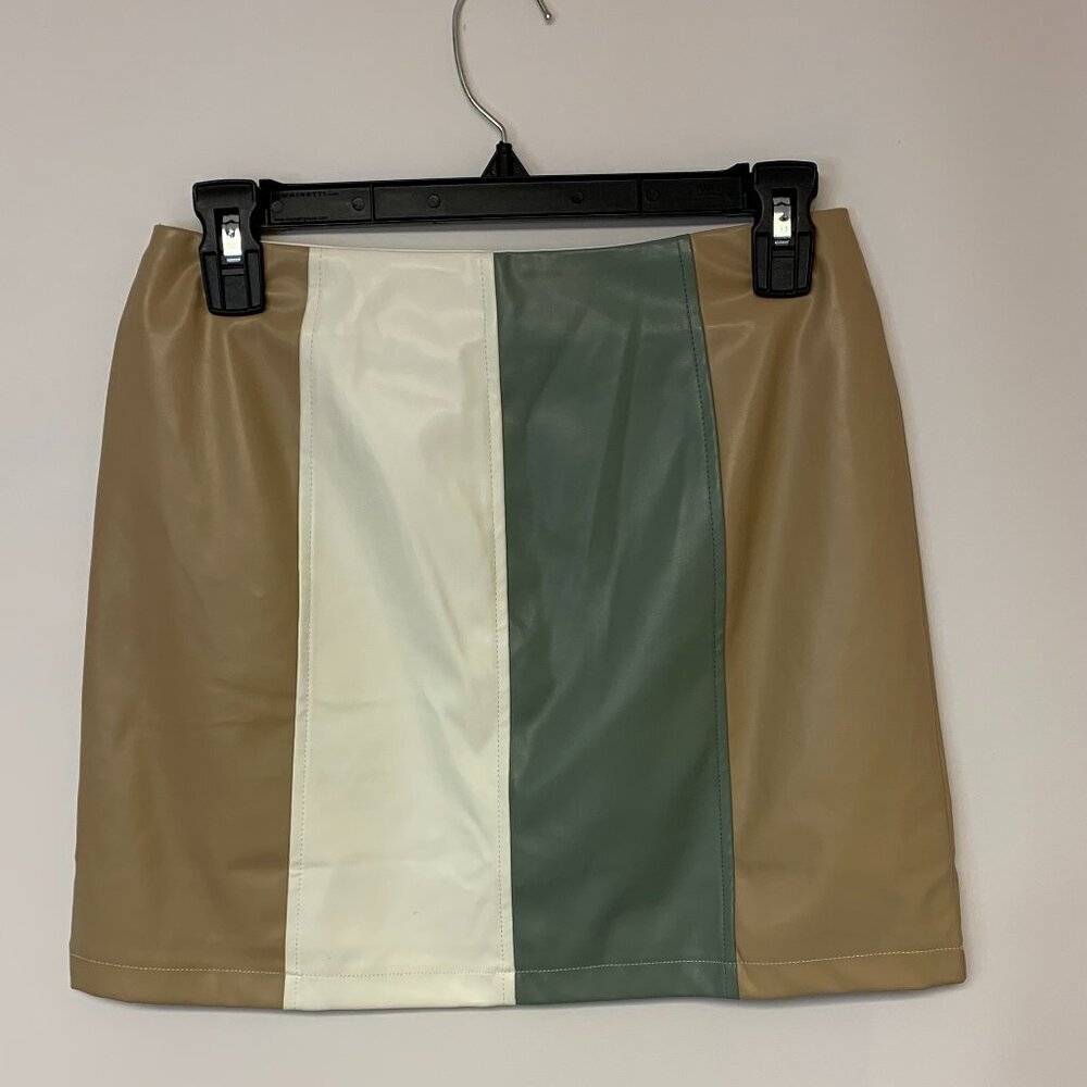 Blue Rain Mini Skirt Faux Leather A-Line Color-block Striped Womens SZ S